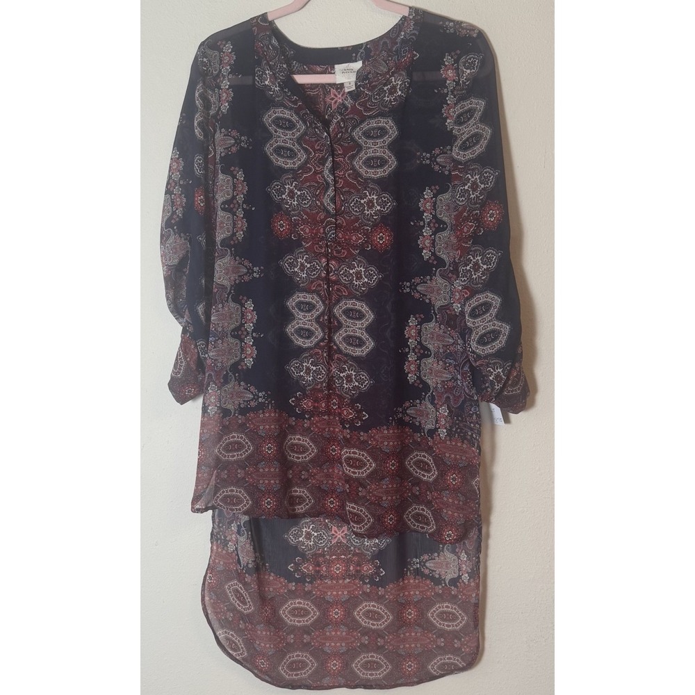 Knox Rose Sheer Paisley Hi Low Tunic Top Boho Floral Long Sleeve Womens S